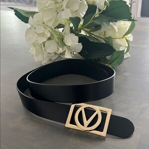 Valentino Black Belt with Gold V Buckle